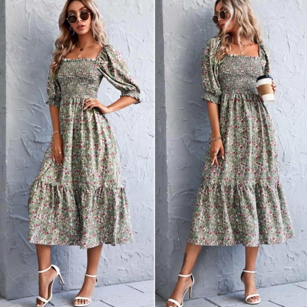 Boho Floral Print Short Sleeve Ruffle Maxi Dress - Picture 1 of 3